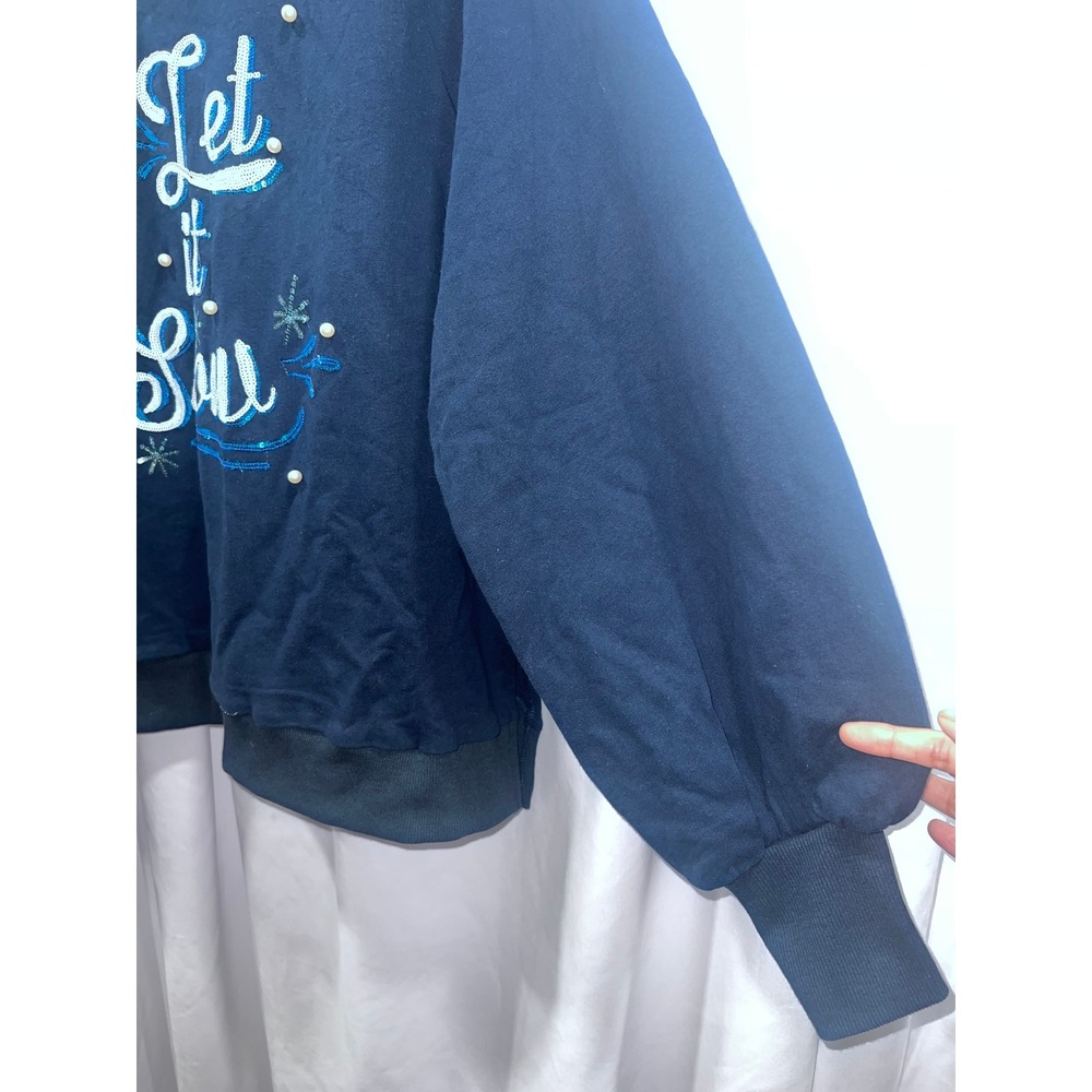 Fantastic Fawn Let It Snow Sequin Pearl Navy Blue Holiday Sweatshirt S Grandma - Picture 4 of 6